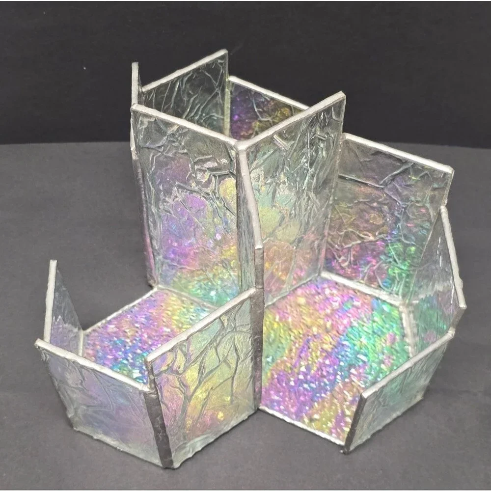 Vintage 3-slots Stained Glass Iridescent Bottom Modernist Votive Candle Holder
